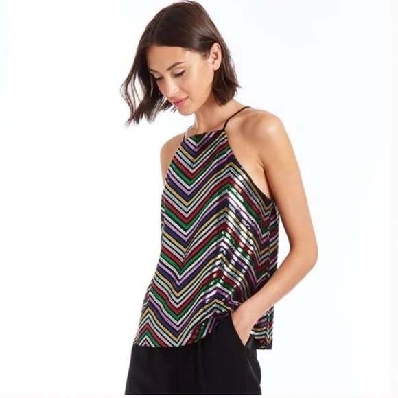NWT Amanda Uprichard XS Halette Mako Sequin Rainbow Chevron High Neck Top - Picture 1 of 11